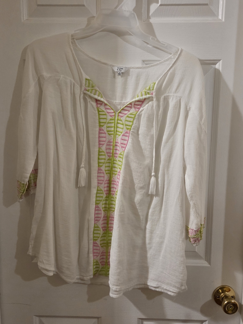 crown & ivy White Tunic with Pink & Lime Embroidery